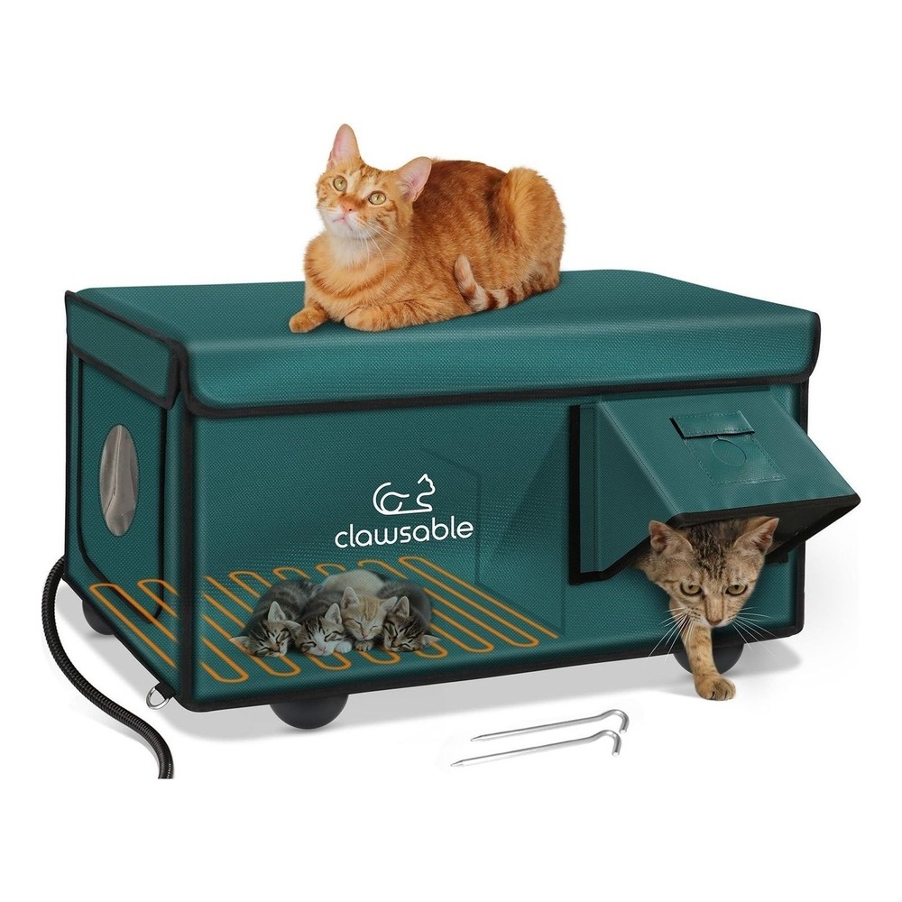 Heated Cat Shelter Outdoor Waterproof Insulated House Escape Door Green